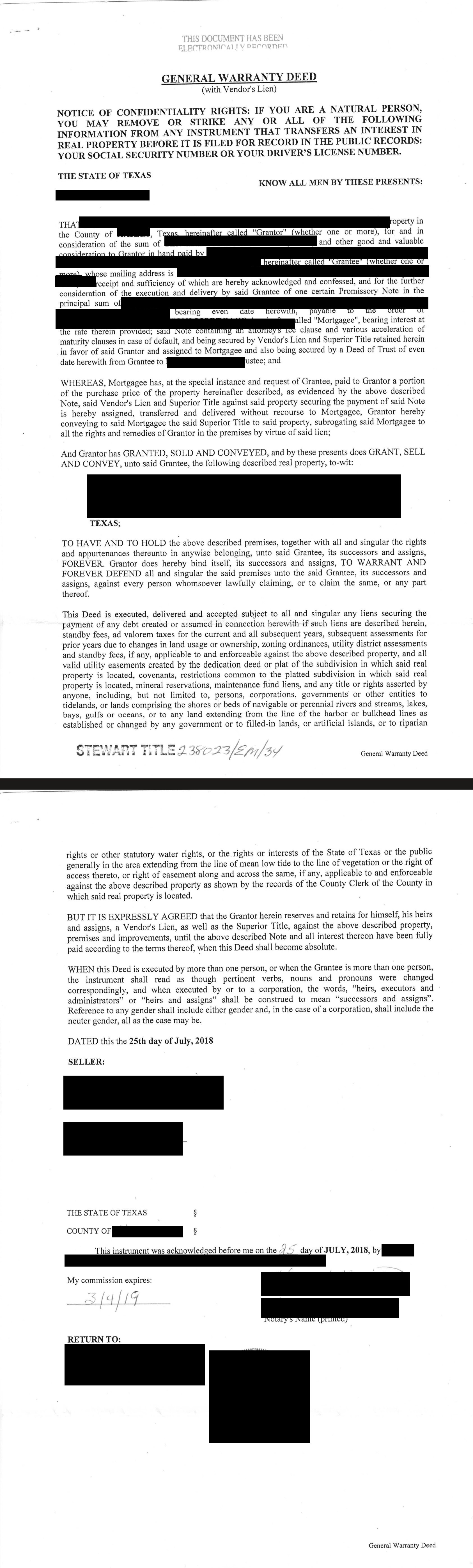 The deed of the house, 25 July 2018, both pages · names, signatures and address withheld
