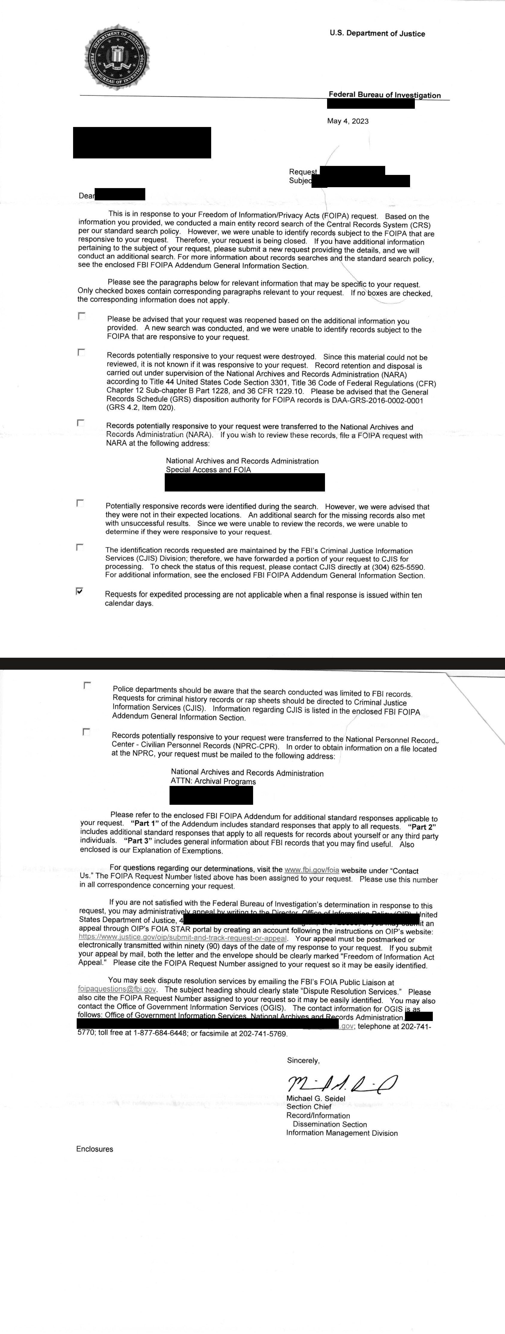 The FBI's answer, 4 May 2023, both pages · "we were unable to identify records... your request is being closed." Name and address withheld.