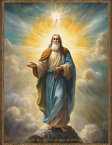 A painting of the Father standing in the clouds, light above Him